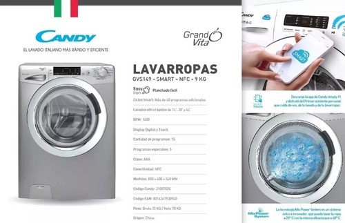 Lavarropas Candy Gvs149 Frontal 9kg 1400rpm Antracita Ctas