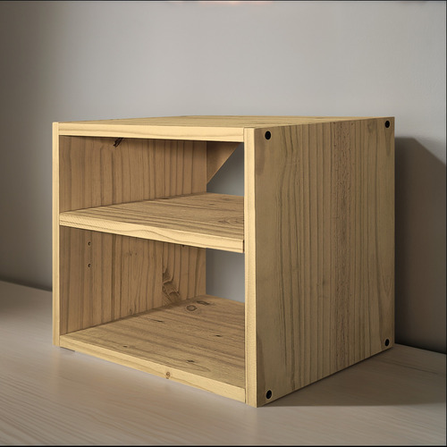 Mesa De Luz Cubo Flotante Dos Estantes Moderno Madera Sajo Color Roble