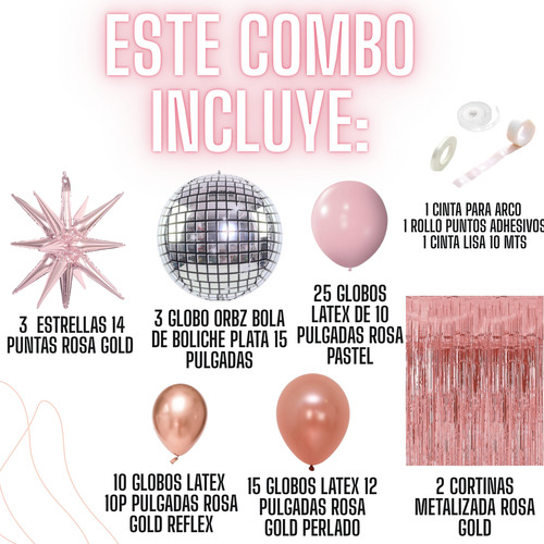 Combo Globos Deco Fiesta Tematica Kit Bola Boliche Rosa Gold