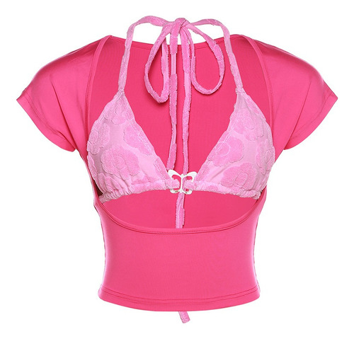 Camiseta Corta Ajustada Crop Top Color Liso De Moda Mujer