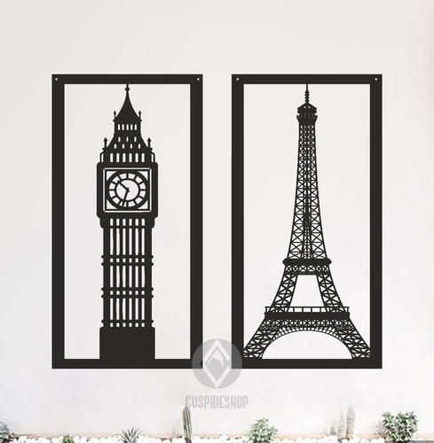 Cuadro Monumentos Torre Eiffel Big Ben 46x90cm C/u Mdf 6mm