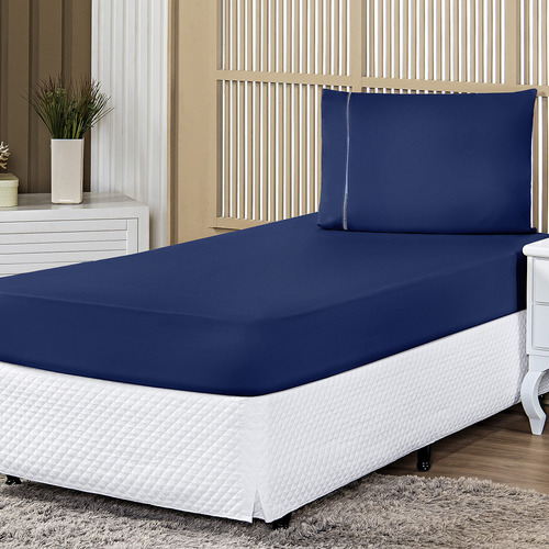 Lençol De Baixo Liso C/ Elástico Porcelana Cama Solteiro Cor Marinho