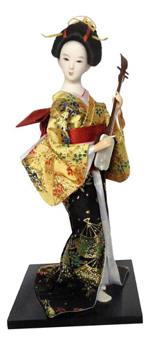 Escultura De Muñeca Geisha Asiática De Oro Y Amarillo