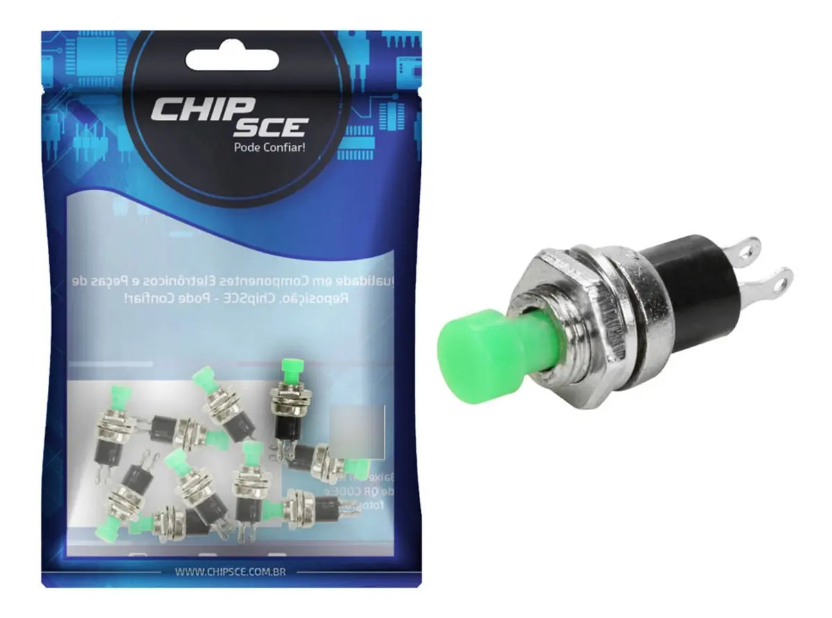 Botão Push ChipSCE Pbs-110 Verde 2 Terminais Projetos Eletrônicos