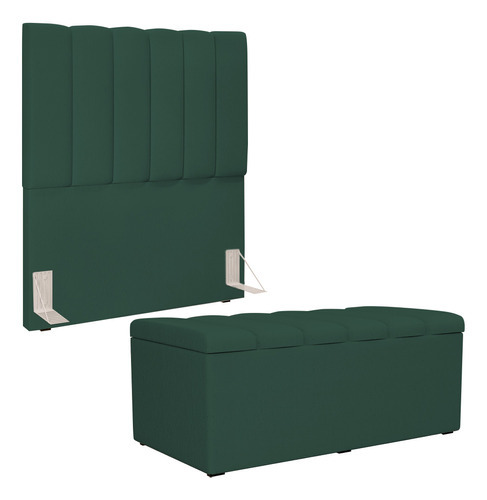 Kit Cabeceira 100cm Com Calçadeira Dália Linho Verde Musgo