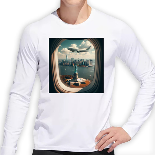 Remera Hombre Ml Ventana Avion Mirando Estatua Libertad M3