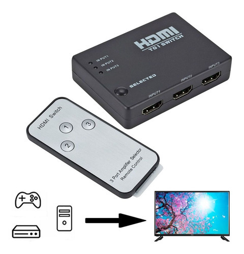 Hub Seletor De Canal Hdmi 3x1 Com Controle Remoto 3 Entradas