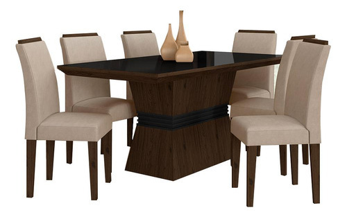 Mesa De Jantar 6 Cadeiras Gênova Imbuia/preto/bege - M.a Cor Imbuia/preto/bege 03 Desenho do tecido das cadeiras Suede