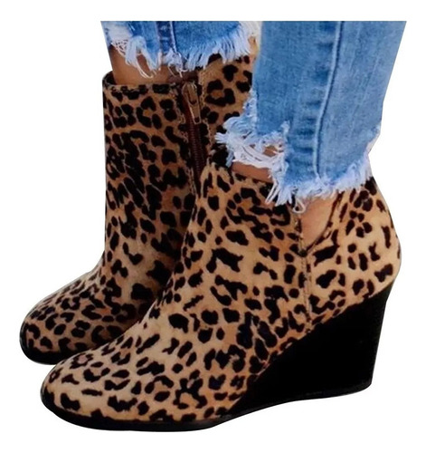 Botines De Cuña Con Estampado De Leopardo Planos De 7 Cm