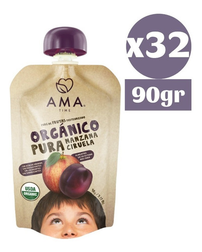 32x Ama Pure Fruta Manzana Ciruela Orgánico Papilla Compota