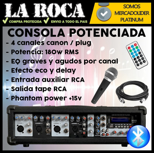 Imagen 4 de 10 de Consola 5 Canales Potencia 200w Con Usb Bluetooth Eq Efectos