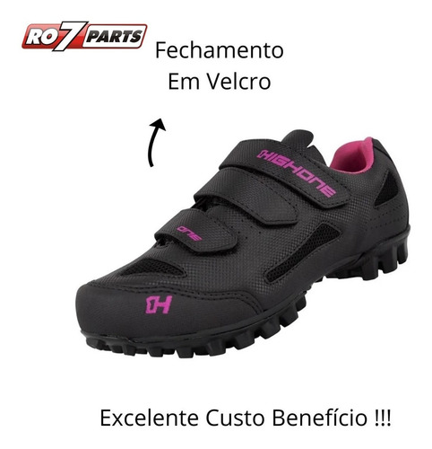 Imagem 5 de 10 de Sapatilha Ciclismo Feminina Mtb High One 3 Velcros Pto/rosa