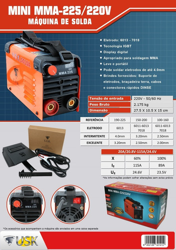 Imagem 8 de 8 de Máquina de solda inverter USK MINI MMA-225 220V