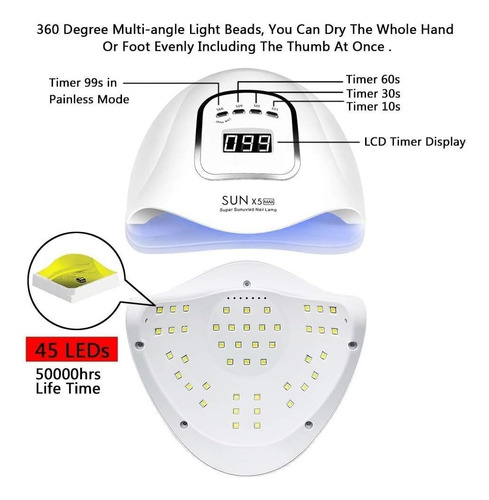 Lámpara Uv Led Para Uñas Secado Rápido 45led 150w & Guantes