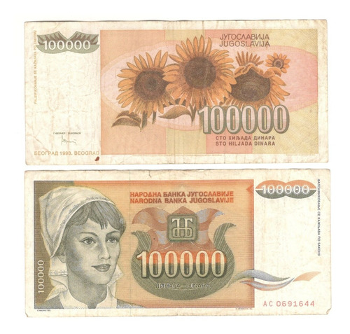 Billete Yugoslavia 100,000 Dinara (1993) Girasoles