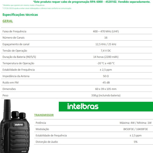 4 Rádio Intelbras Rpa6001 Ht Profissional D Alta Performance