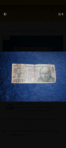 Billete De 10 Pesos Mexicanos  Con Fecha Del 25de Diciembre 