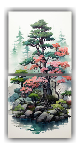 140x70cm Cuadro De Árbol De Bonsái Abeto En Colores Acuare