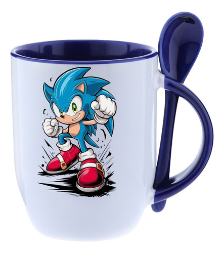 Taza Con Cuchara Sonic The Hedgehog 320ml Cerámica Premium Azul Sonic