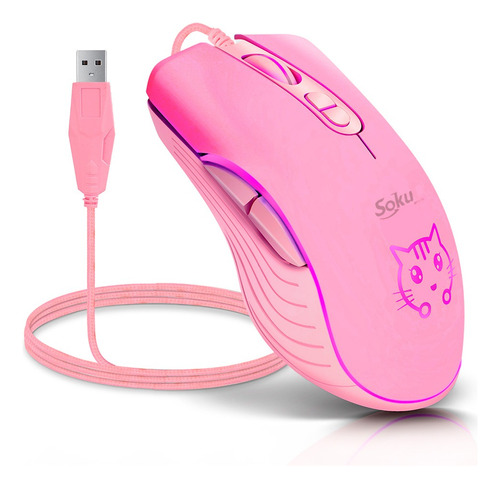 Soku Raton Mouse Top Led 6d Gamer Dpi Ajustable Kawaii Color Gato Rosa