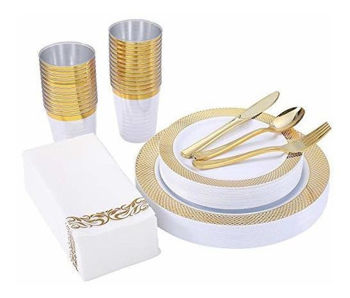 175 Piece Gold Dinnerware Set 25 Guest-50 Gold Grid Plastic 