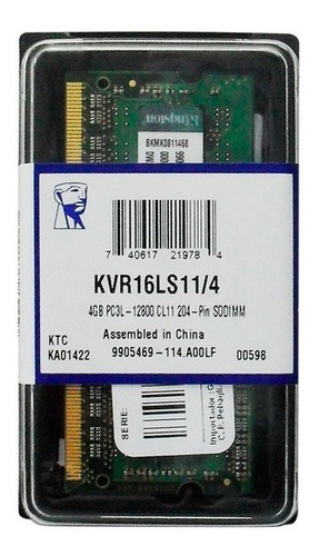 Imagen 1 de 1 de Memoria Sodimm Ddr3l 4 Gb 1600 Kingston