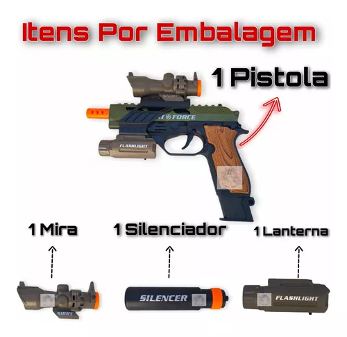 Pistola Brinquedo Mira Lanterna Som E Silenciador - Corre Que Ta Baratinho