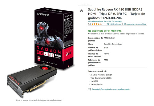 Tarjeta Grafica O De Video Sapphire Radeon Rx 480 8gb Gddr5 