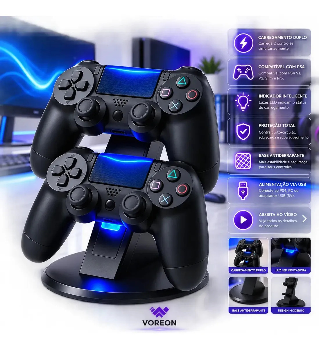 Suporte Base Carregador Controles Compatível com Playstation PS4 Base De Carregamento Gamer Ps4 Estação Indicador Inteligente Compatível V1 V2 Pro E Slim Base Antiderrapante - Marca Voreon