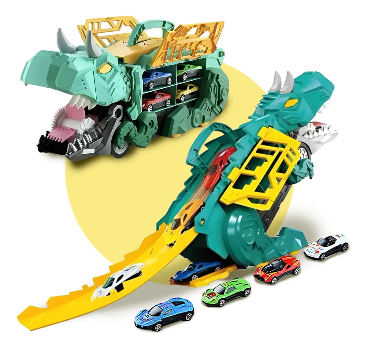 Caminhão Cegonha Dinossauro Pista 4 Carrinhos Brinquedo Cor Verde-claro