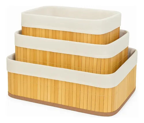 Kit 3 Cestos Organizador Bambu Multiuso Com Forro Cozinha Bege