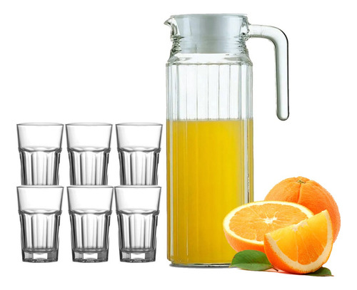 Jogo De Jarra 1l Com 6 Copos 300ml Em Vidro Para Água Suco