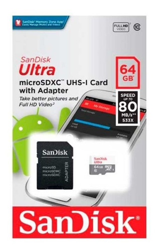 Memoria Micro Sd Sandisk 64gb Clase 10 80mb Original Full Hd