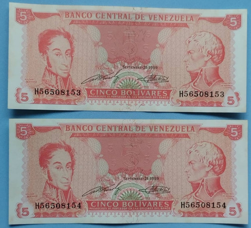 Billete De 5 Bs De 1989 H-8, Nuevos, Consecutivos.