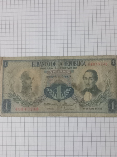 Billete Antiguo De Colombia 1 Peso Oro