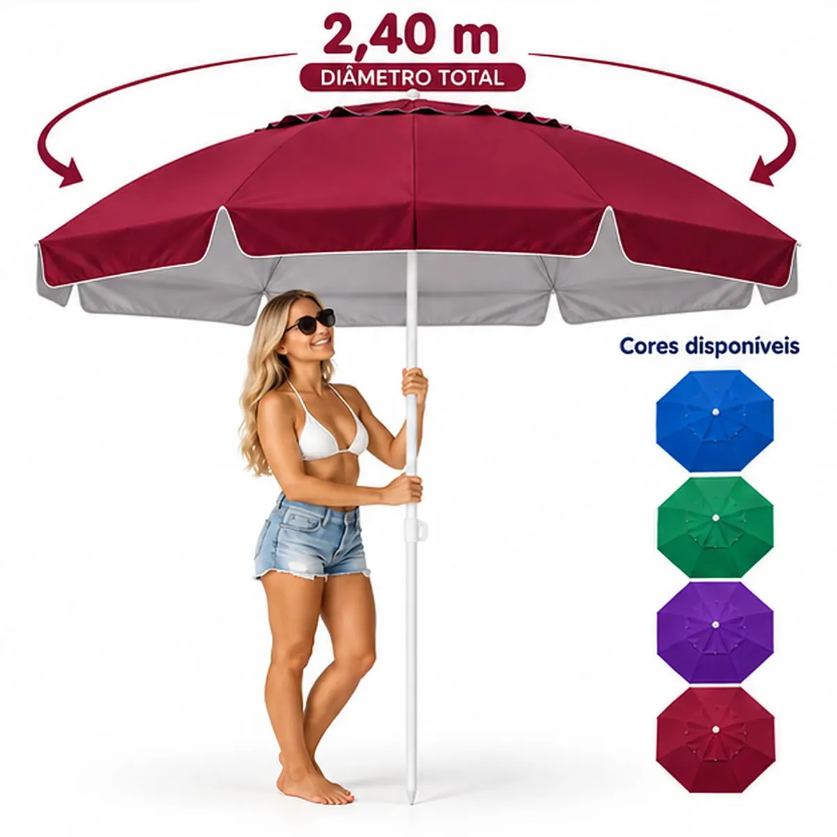 Guarda-Sol Gigante Articulado 2,40m Respirável Praia Piscina Jardim Ombrelone Central Sombrinha Proteção UV Impermeável Reclinável Camping Cor Vinho