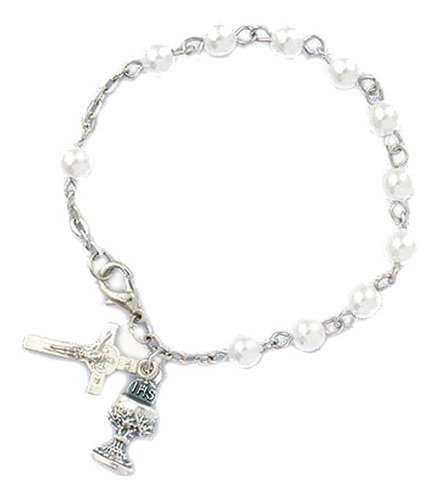 Pulsera Rosario Niña Imitacion Perlas Con Caliz Y Colgant