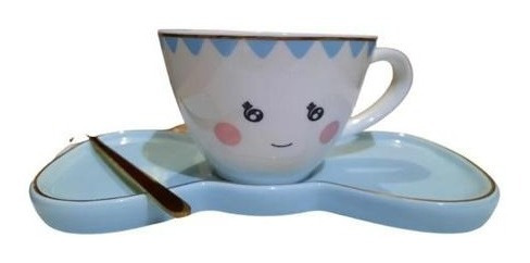 Taza Carita Coqueta Y Plato En Forma De Moño Azul 125ml