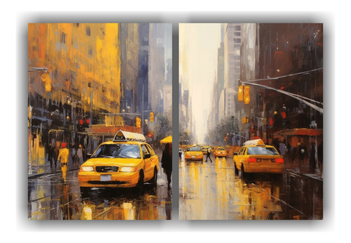 80x60cm Cuadro Diptico Relieve Estilo Óleo Nueva York