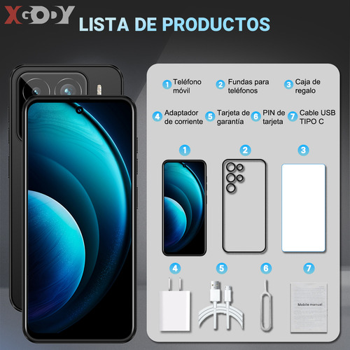 Teléfono móvil Xgody v27 dual sim6500mAh 128gb ROM 12GB RAM 6.56 pulgadas celular hd android 14 red 4G completa teléfono inteligente con huella dactilar doble cámara 13MP+21MP gps bluetooth negro