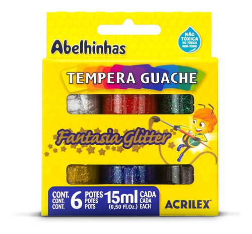 Tinta Tempera Guache Fantasia Glitter 6 Cores Acrilex