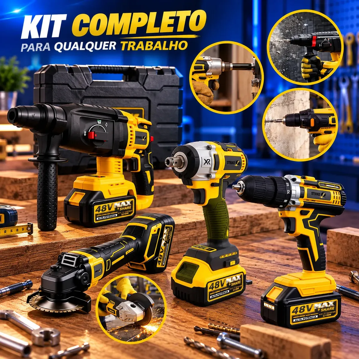 Kit Multi Ferramentas 4 Em 1 48v Sem Fio Com 2 Baterias Furadeira Parafusadeira Martelete Esmerilhadeira Chave De Impacto Com Maleta Alta Potência Uso Profissional E Doméstico Simake