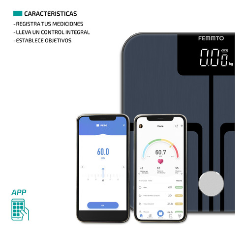 Imagen 2 de 7 de Balanza Digital Inteligente Para Personas De Baño Bluetooth Femmto B05 Gris Oscuro Hasta 180 Kg Conectividad Con App