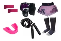 Comprar Kit Kick Boxing Rosa,guante+venda+bucal+short+tibial+soga