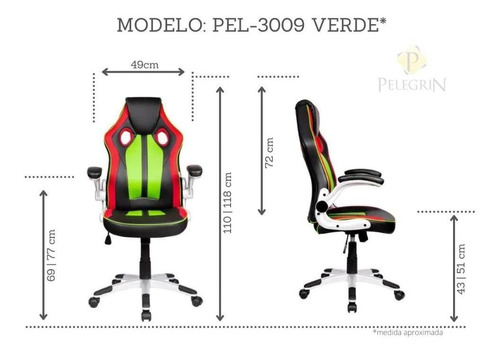 Cadeira de escritório Pelegrin PEL-3009 gamer  vermelha, preto e verde com estofado de couro p.u.