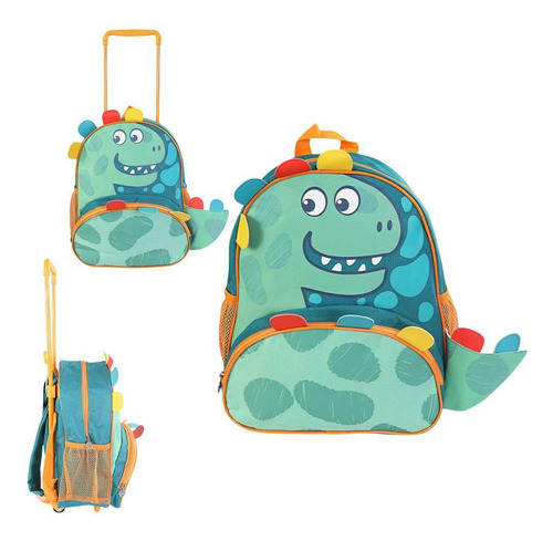 Mochila De Rodinhas E Bolso Escolar Dino Verde 14 Litros