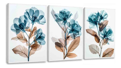 Kit 3 Quadros Decorativos Flor Azul Sala Moderna Com Moldura