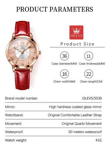 Reloj Olevs/5539 Dorado Para Mujer Con Correa De Cuero Rojo Dorado/rosa Rosa