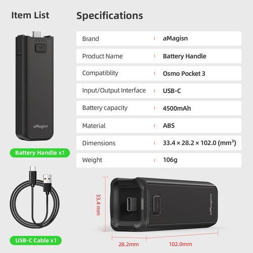 Mango De Extensión De Batería Dji Osmo Pocket 3 De 4500 Mah