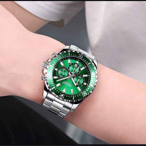 Reloj Megir 2064, Acero Inoxidable Cuarzo Resistente Al Agua Color Del Bisel Verde Plata